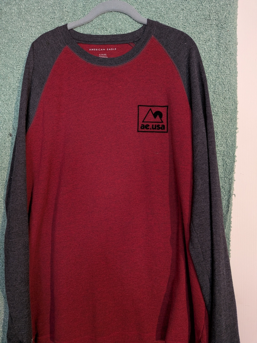 American Eagle Outfitters Long Sleeve Raglan Shirt - Burgundy and Charcoal